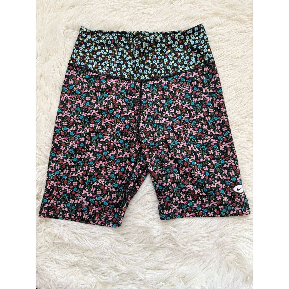 Nike Dri-FIT Floral Biker Shorts Womens Small Black Pink Blue Athletic Training